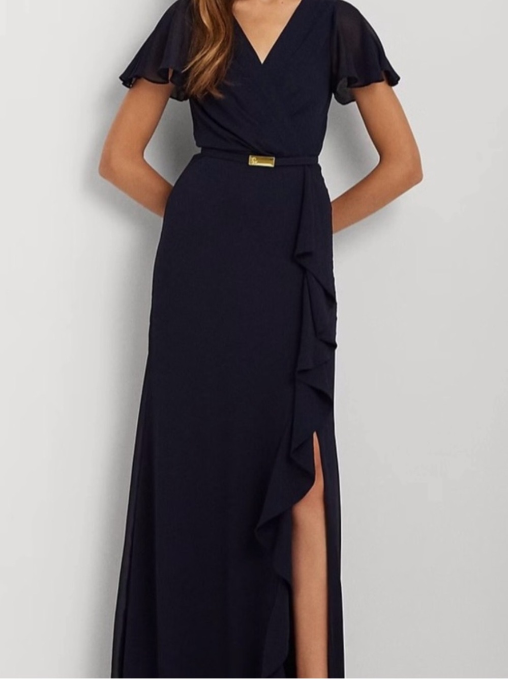 Ralph Lauren Belted Georgette
Flutter-Sleeve Gown- Navy (Belt is missing)